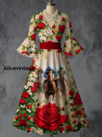 Retro Dreby Horse Floral Art Printed V-Neck Vintage Chic Pleated Waist Flare Sleeve Midi Dress A / S