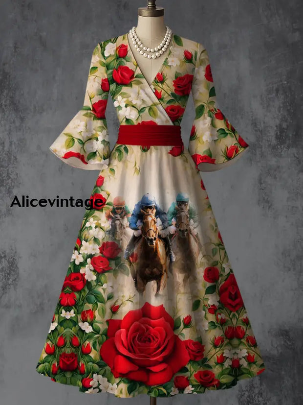 Retro Dreby Horse Floral Art Printed V-Neck Vintage Chic Pleated Waist Flare Sleeve Midi Dress A / S