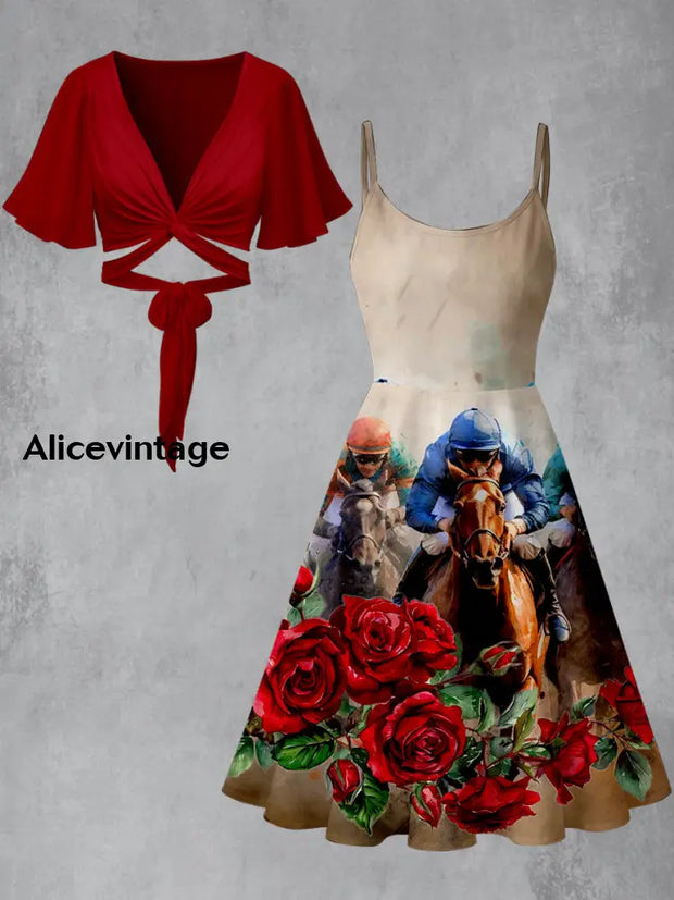 Retro Dreby Horse Floral Art Printed Vintage Cross Fold Short Sleeve Two-Piece Midi Dress