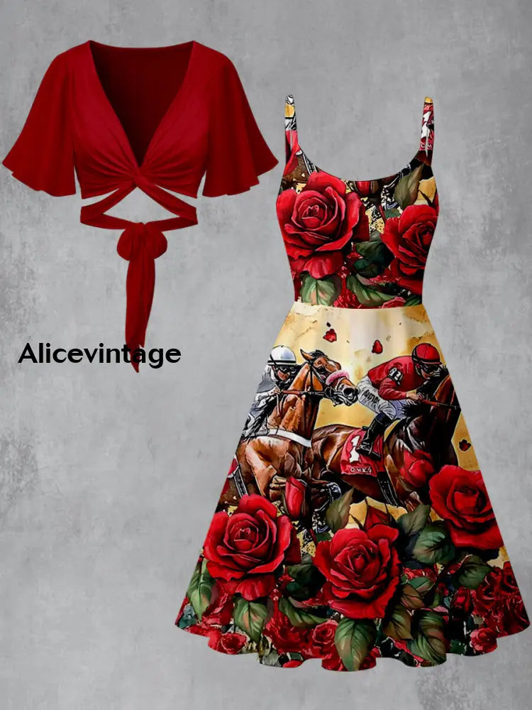 Retro Dreby Horse Floral Art Printed Vintage Cross Fold Short Sleeve Two-Piece Midi Dress A / S