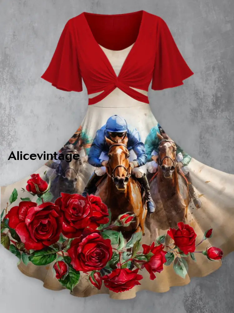 Retro Dreby Horse Floral Art Printed Vintage Cross Fold Short Sleeve Two-Piece Midi Dress A / S