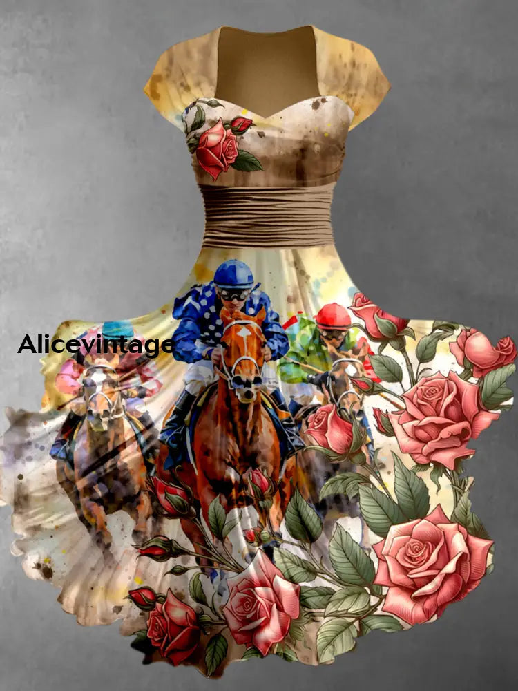 Retro Dreby Horse Floral Art Printed Vintage V-Neck Pleated Waist Short Sleeve Midi Dress A / S