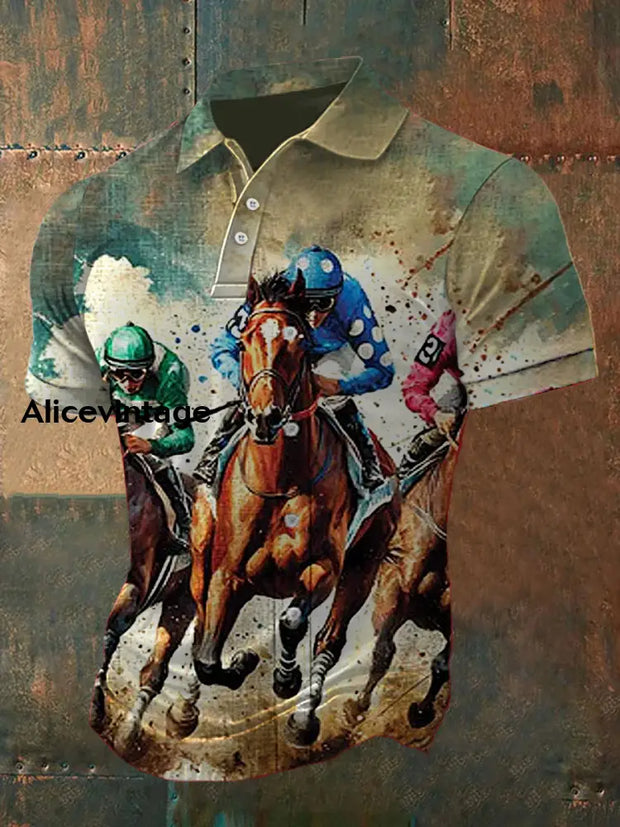 Retro Dreby Horse Printed Henry Style V-Neck Short Sleeves Polo-Shirt A / S