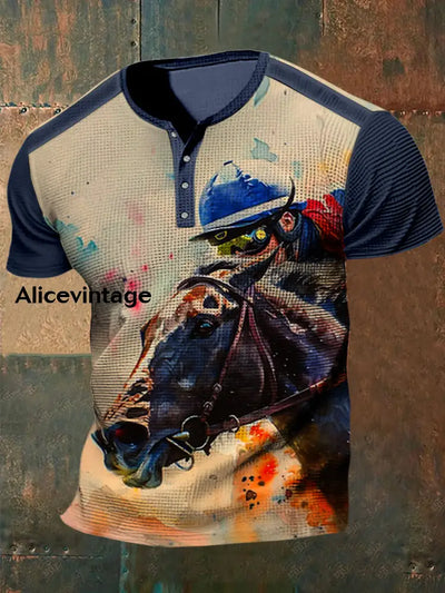 Retro Dreby Horse Waffle Texture Pattern Printed Henry Button V-Neck Short Sleeves Shirt A / S