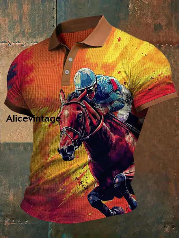Retro Dreby Horse Waffle Texture Pattern Printed Village V-Neck Short Sleeves Shirt A / S