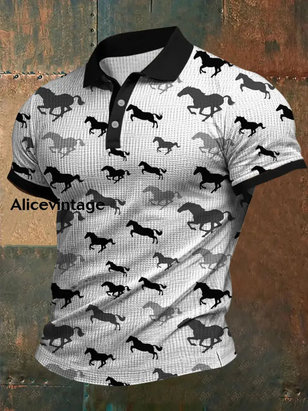Retro Dreby Horse Waffle Texture Pattern Printed Village V-Neck Short Sleeves Shirt A / S