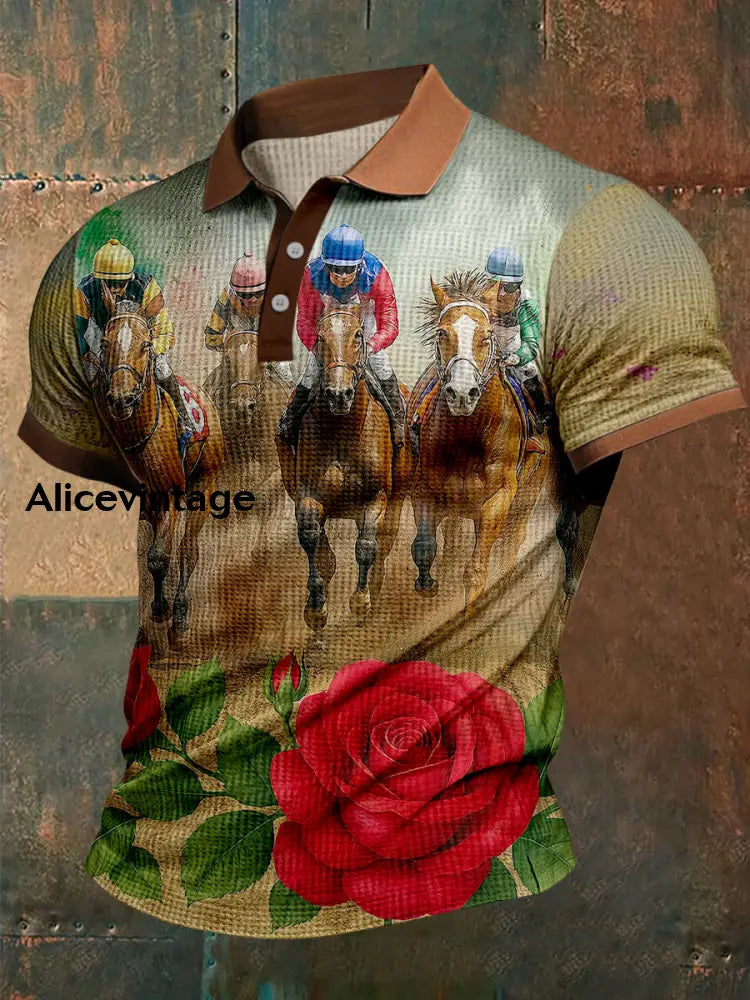 Retro Dreby Horse Waffle Texture Pattern Printed Village V-Neck Short Sleeves Shirt A / S