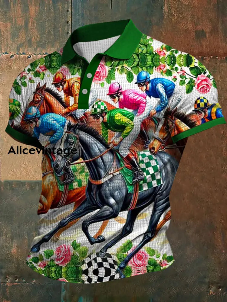 Retro Dreby Horse Waffle Texture Pattern Printed Village V-Neck Short Sleeves Shirt A / S