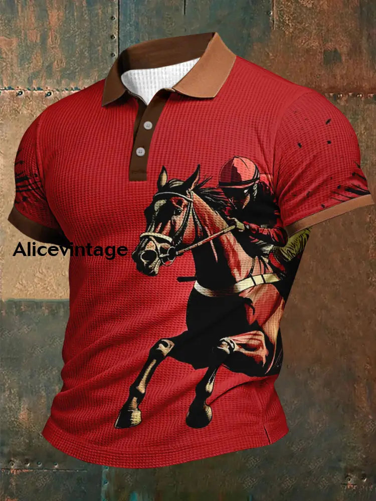 Retro Dreby Horse Waffle Texture Pattern Printed Village V-Neck Short Sleeves Shirt A / S