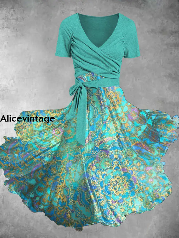 Retro Ethnic Art Print V-Neck Short Sleeve Midi Dress