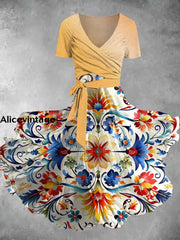 Retro Ethnic Art Print V-Neck Short Sleeve Midi Dress