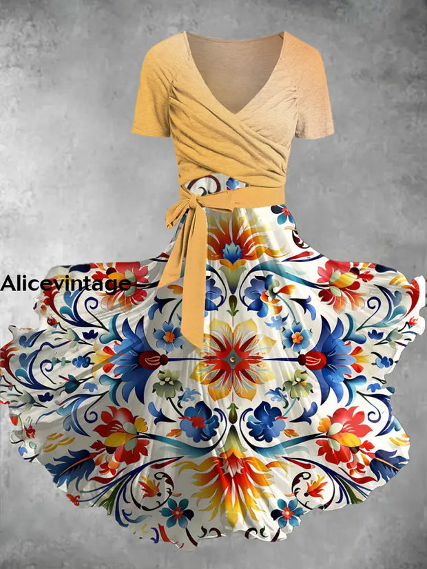 Retro Ethnic Art Print V-Neck Short Sleeve Midi Dress A / S