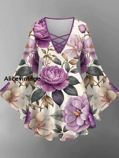 Retro Floral Art Elegant Printed Vintage V-Neck Hollow Cut Flared Long Sleeve Mid-Long Top A / XS