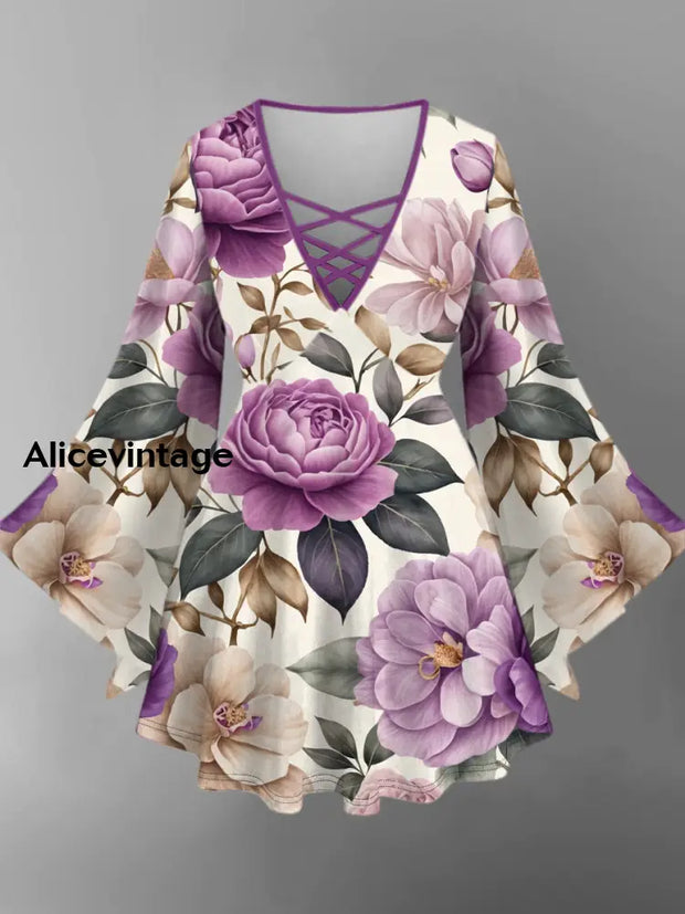 Retro Floral Art Elegant Printed Vintage V-Neck Hollow Cut Flared Long Sleeve Mid-Long Top A / XS