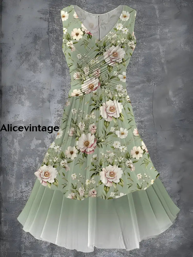 Retro Floral Art Print 50S Elegant Chic Sleeveless Midi Dress A / S