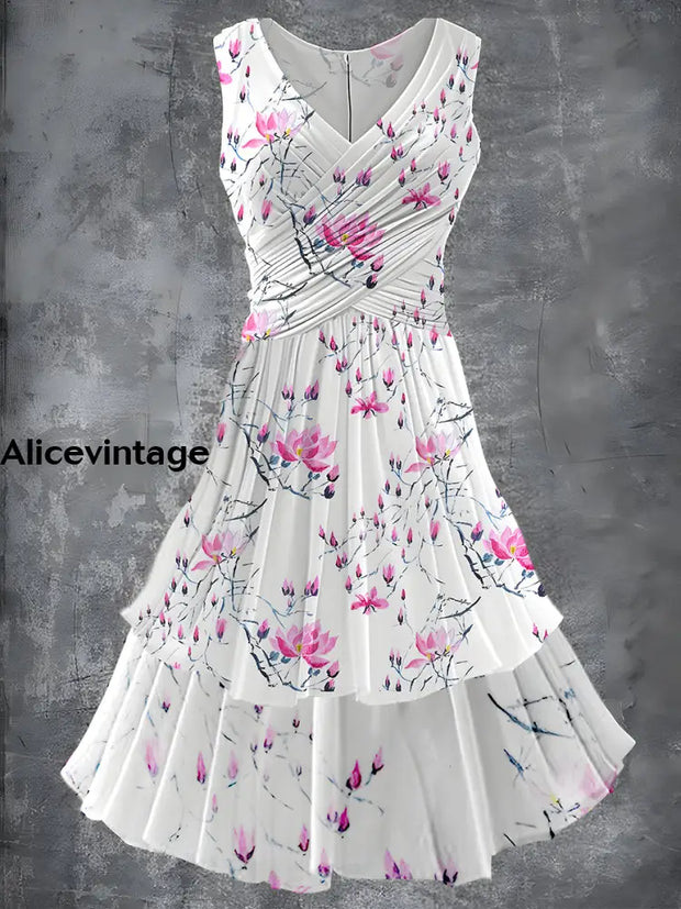 Retro Floral Art Print 50S Elegant Chic Sleeveless Midi Dress A / S