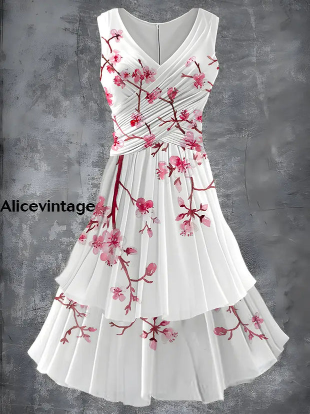 Retro Floral Art Print 50S Elegant Chic Sleeveless Midi Dress A / S