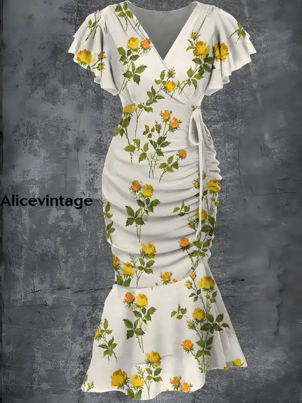 Retro Floral Art Print Chic Casual V-Neck Midi Dress A / S