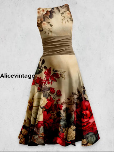 Retro Floral Art Print Chic Sleeveless Midi Dress A / S