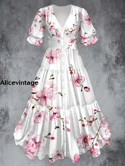 Retro Floral Art Print Chic V-Neck Button Up Short Sleeve Midi Dress A / S