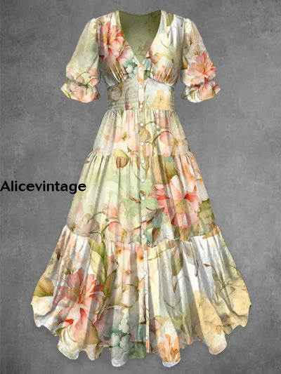 Retro Floral Art Print Chic V-Neck Button Up Short Sleeve Midi Dress A / S