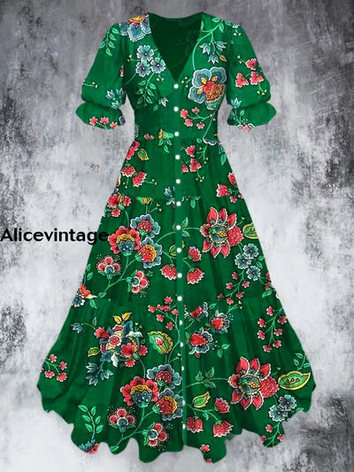 Retro Floral Art Print Chic V-Neck Button Up Short Sleeve Midi Dress A / S