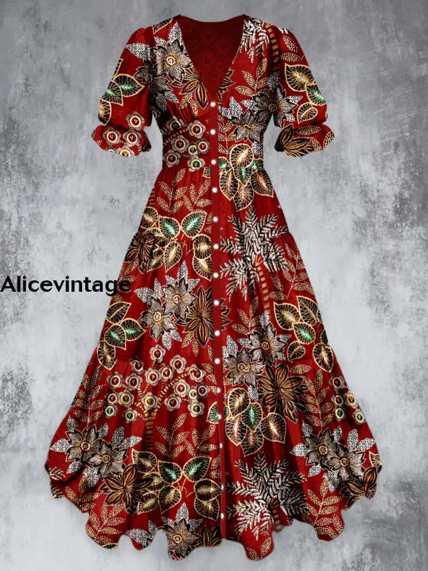 Retro Floral Art Print Chic V-Neck Button Up Short Sleeve Midi Dress A / S