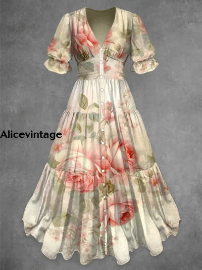 Retro Floral Art Print Chic V-Neck Button Up Short Sleeve Midi Dress A / S