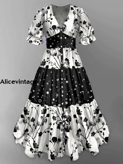 Retro Floral Art Print Chic V-Neck Button Up Short Sleeve Midi Dress A / S