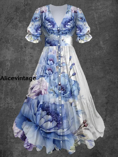 Retro Floral Art Print Chic V-Neck Button Up Short Sleeve Midi Dress A / S