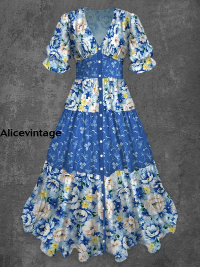 Retro Floral Art Print Chic V-Neck Button Up Short Sleeve Midi Dress A / S