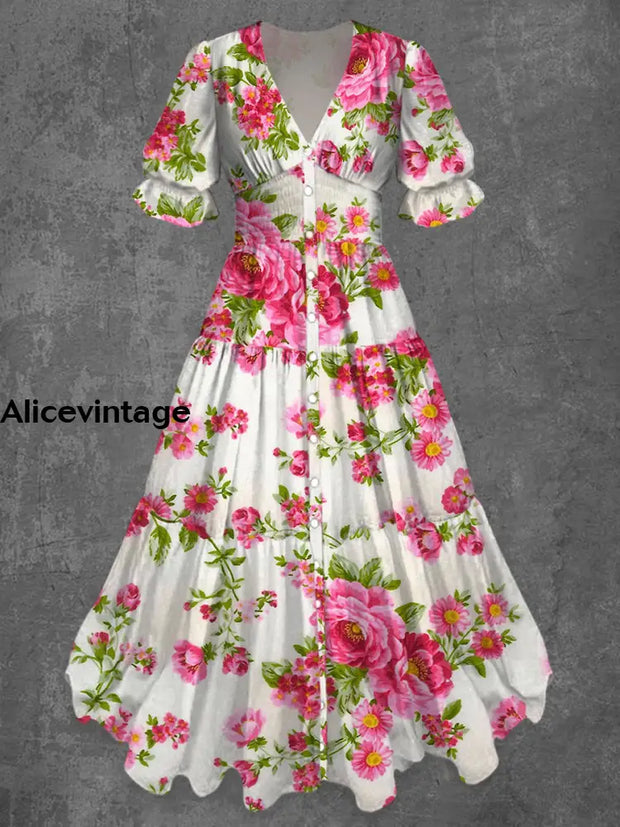 Retro Floral Art Print Chic V-Neck Button Up Short Sleeve Midi Dress A / S