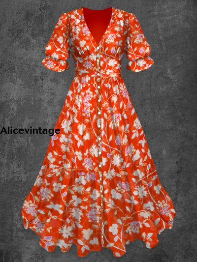 Retro Floral Art Print Chic V-Neck Button Up Short Sleeve Midi Dress A / S