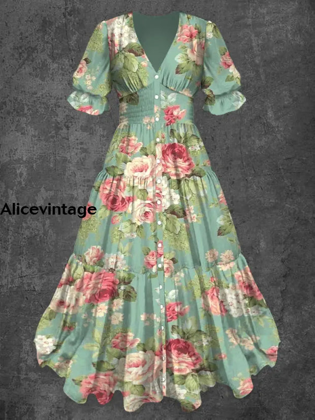 Retro Floral Art Print Chic V-Neck Button Up Short Sleeve Midi Dress A / S