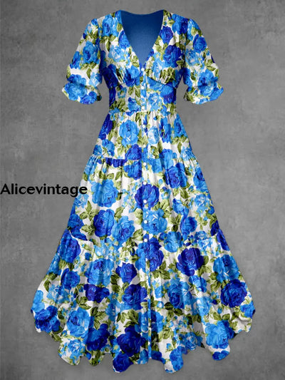 Retro Floral Art Print Chic V-Neck Button Up Short Sleeve Midi Dress A / S