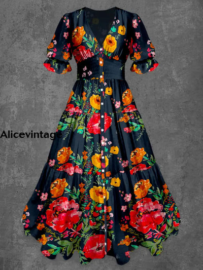 Retro Floral Art Print Chic V-Neck Button Up Short Sleeve Midi Dress A / S