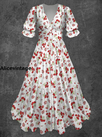 Retro Floral Art Print Chic V-Neck Button Up Short Sleeve Midi Dress A / S