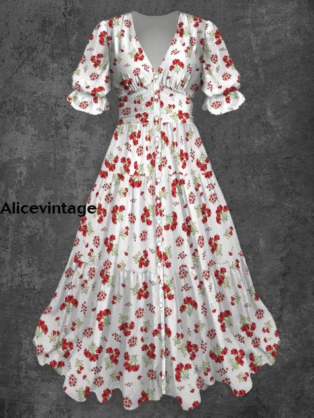 Retro Floral Art Print Chic V-Neck Button Up Short Sleeve Midi Dress A / S