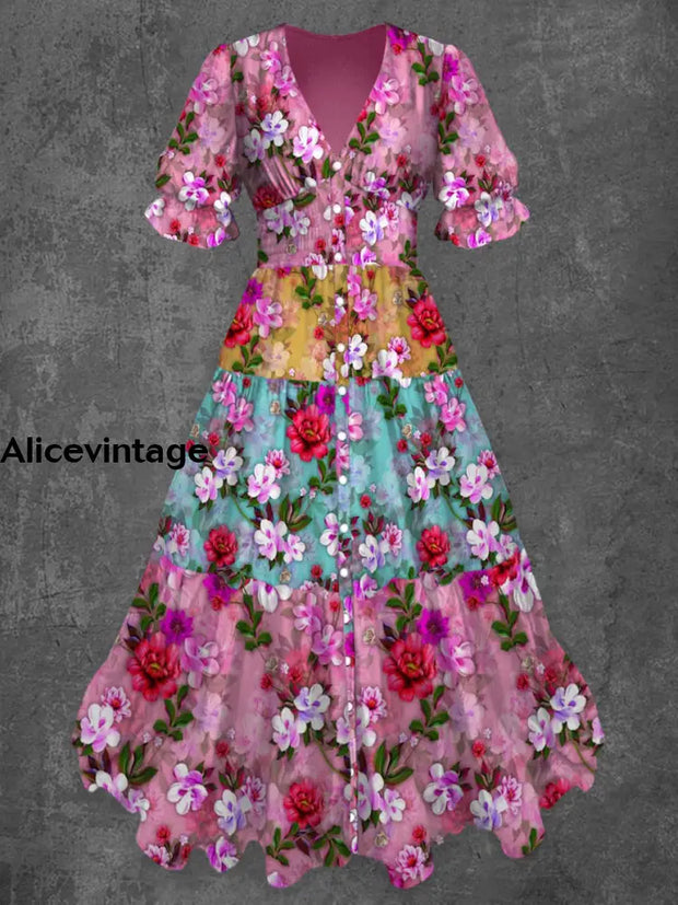 Retro Floral Art Print Chic V-Neck Button Up Short Sleeve Midi Dress A / S