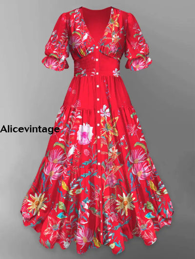 Retro Floral Art Print Chic V-Neck Button Up Short Sleeve Midi Dress A / S