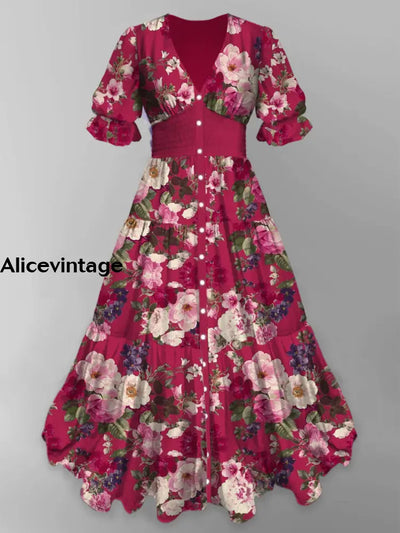 Retro Floral Art Print Chic V-Neck Button Up Short Sleeve Midi Dress A / S