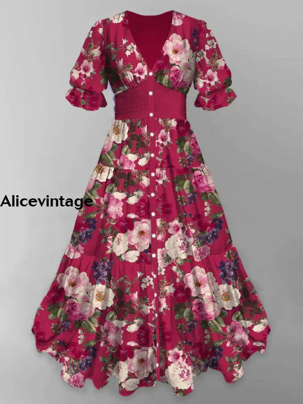 Retro Floral Art Print Chic V-Neck Button Up Short Sleeve Midi Dress A / S