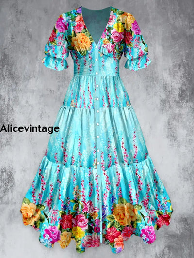 Retro Floral Art Print Chic V-Neck Button Up Short Sleeve Midi Dress A / S