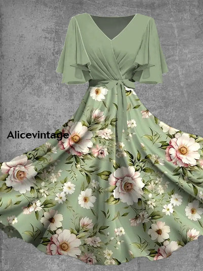 Retro Floral Art Print Chic V-Neck Short Sleeve Midi Dress A / S