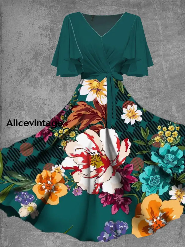 Retro Floral Art Print Chic V-Neck Short Sleeve Midi Dress A / S