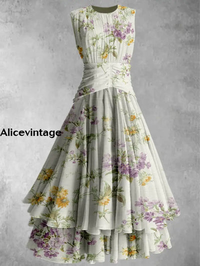 Retro Floral Art Print Elegant Chic Double Layer Sleeveless Maxi Dress A / S