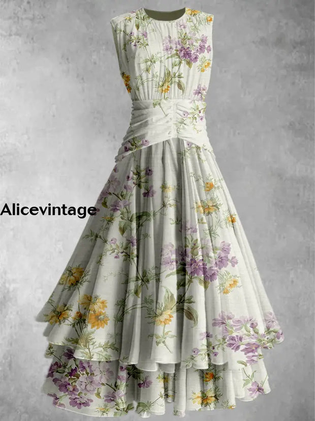 Retro Floral Art Print Elegant Chic Double Layer Sleeveless Maxi Dress A / S