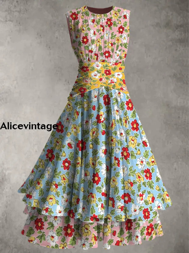 Retro Floral Art Print Elegant Chic Double Layer Sleeveless Maxi Dress A / S