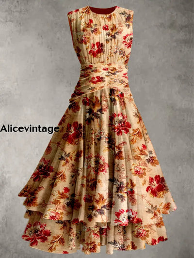 Retro Floral Art Print Elegant Chic Double Layer Sleeveless Maxi Dress A / S