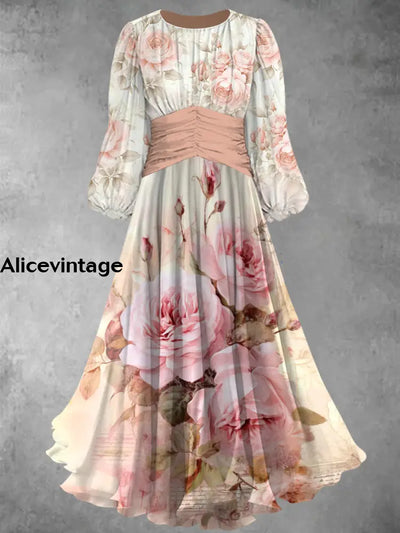 Retro Floral Art Print Elegant Chic Round Neck Long Sleeve Midi Dress A / S